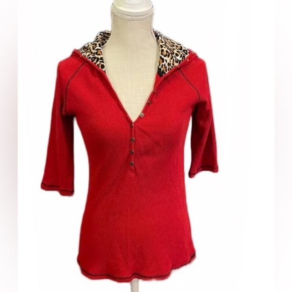 ❤️Sexy Y2K Soul Revival red/leopard hooded waffle Shirt Large - Picture 1 of 5